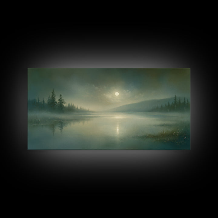 Dreamlike Moonlit Lake Framed Canvas Print, General Fine Art, Wall Art Prints, Living Room Decor, Watercolor Art, GEN-2x1-81