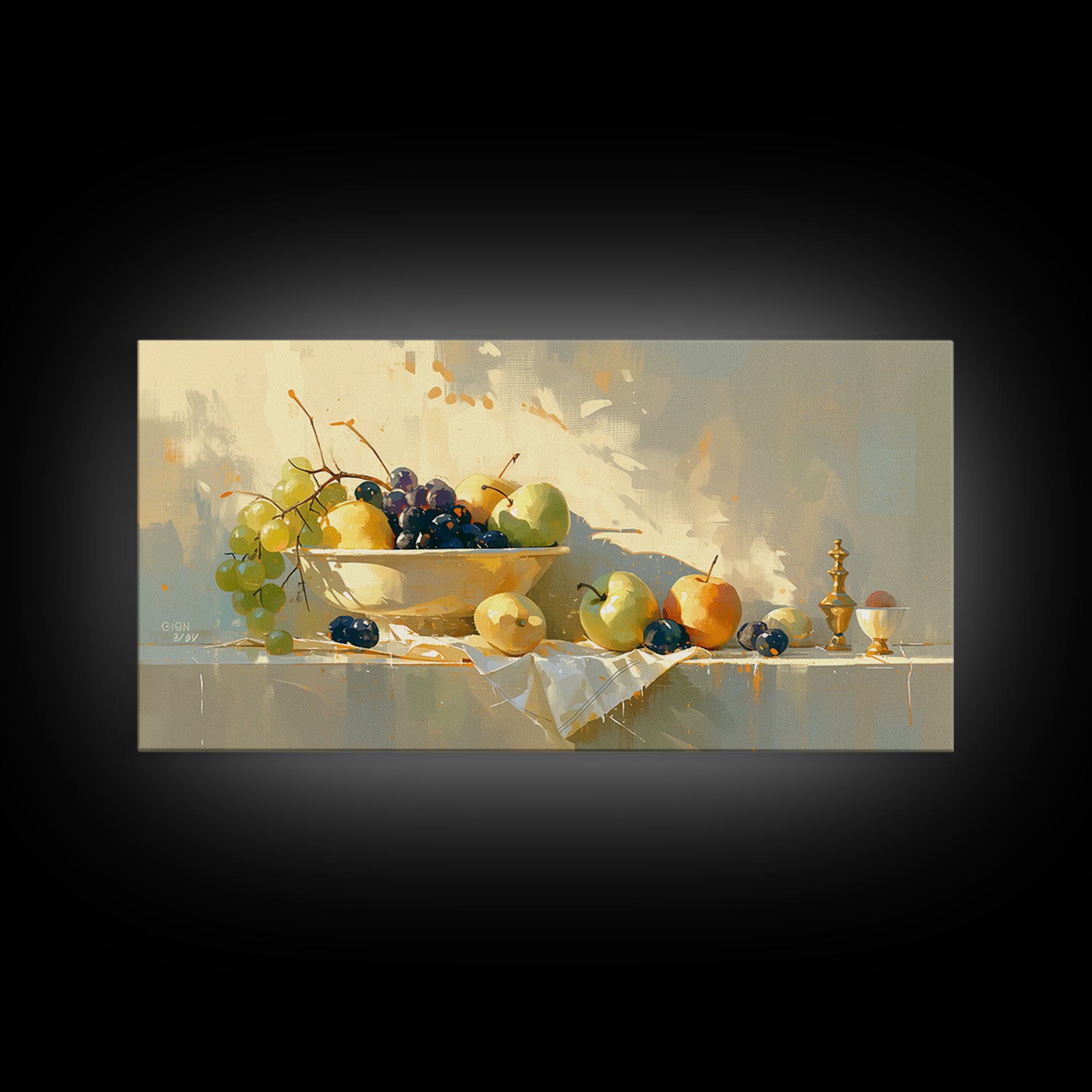 Simple Still Life of Fruit and Linen Framed Canvas Print, General Fine Art, Oil Painting, Living Room Decor, Abstract Art, GEN-2x1-84