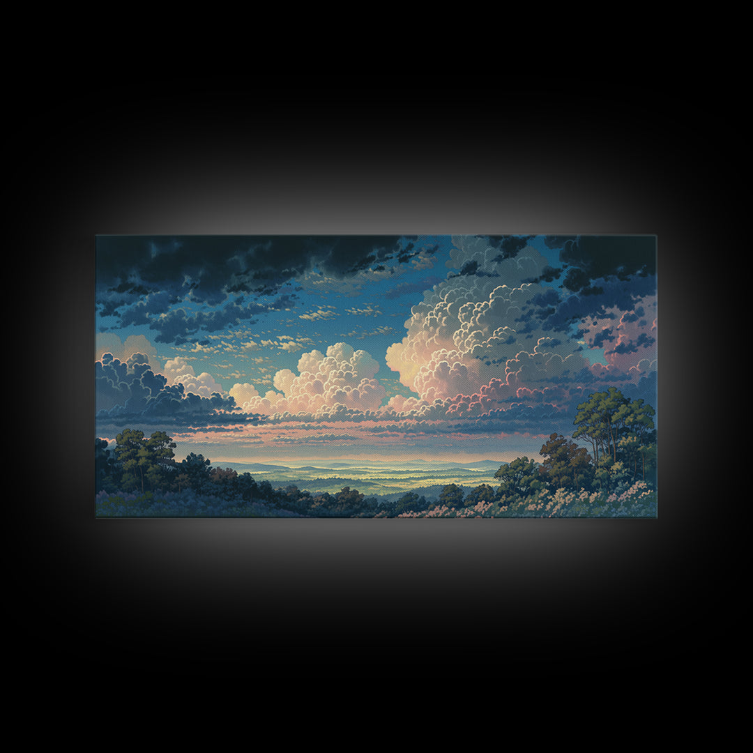 Romantic Cloudscape with Blush and Cream Tones Framed Canvas Print, General Fine Art, Painting, Living Room Decor, Fine Art, GEN-2x1-86