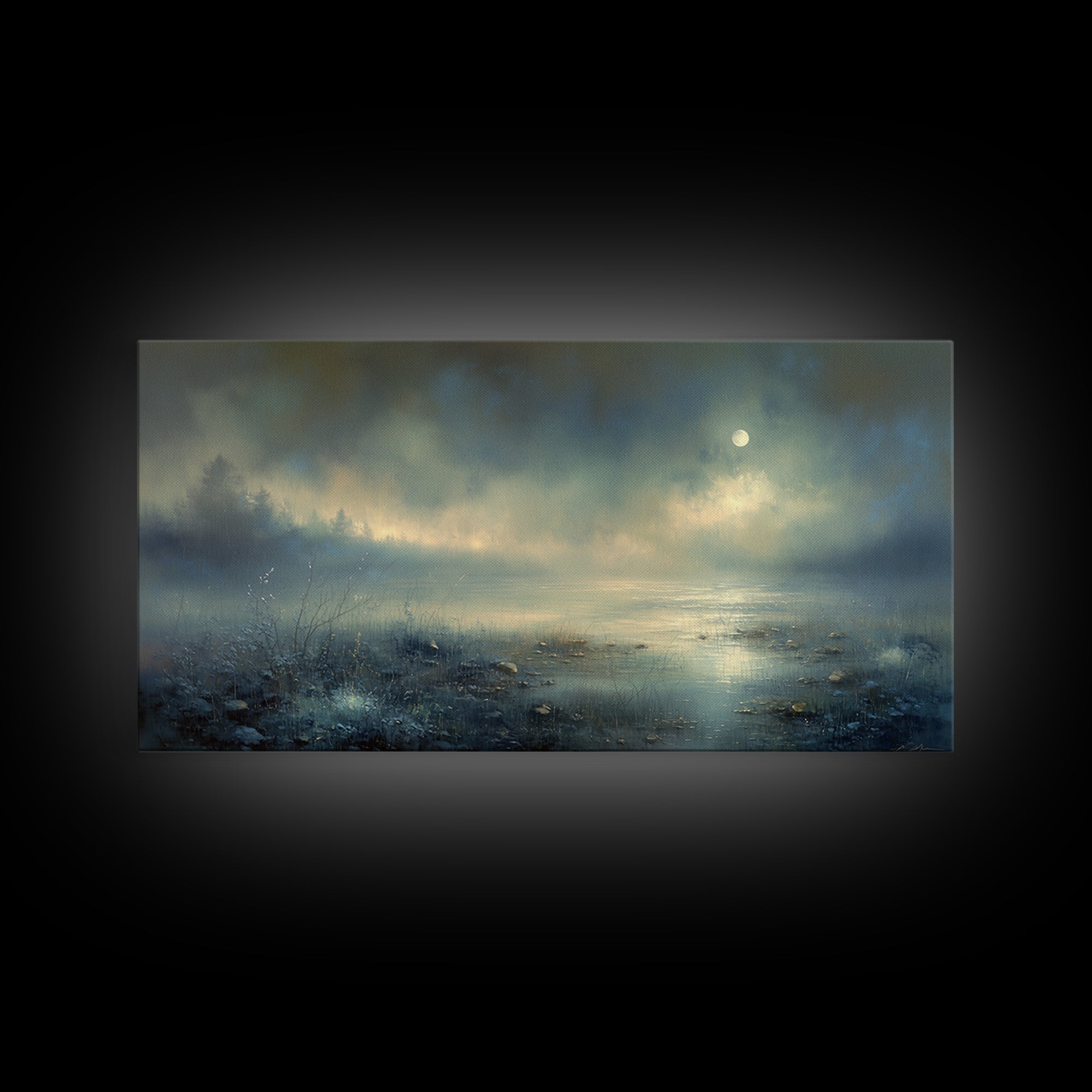 Dreamlike Moonlit Lake Framed Canvas Print, General Fine Art, Art, Living Room Decor, Fine Art, Mid Century Modern, GEN-2x1-9