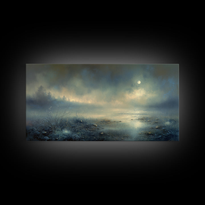 Dreamlike Moonlit Lake Framed Canvas Print, General Fine Art, Art, Living Room Decor, Fine Art, Mid Century Modern, GEN-2x1-9