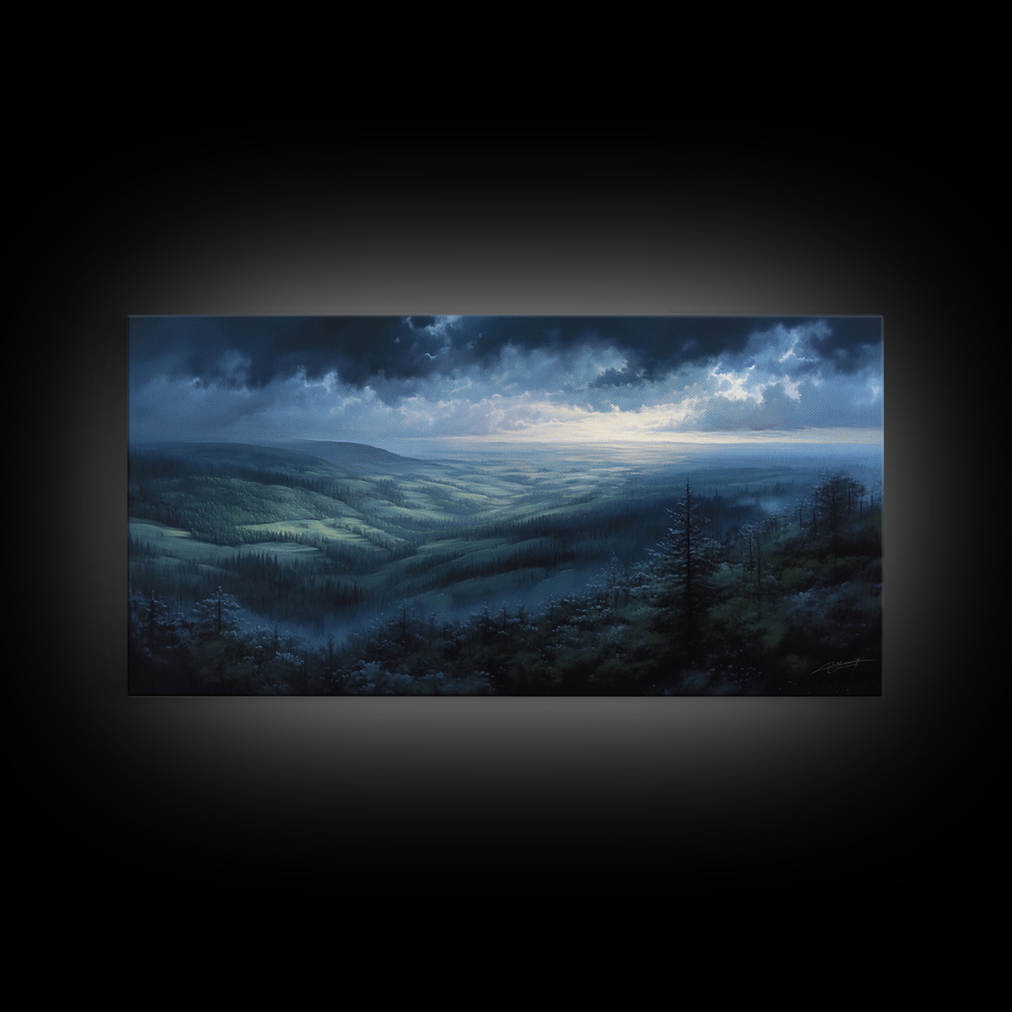 Misty Mountain Valley Framed Canvas Print, General Fine Art, Art Deco, Living Room Decor, Fine Art, Fine Art Print, GEN-2x1-96