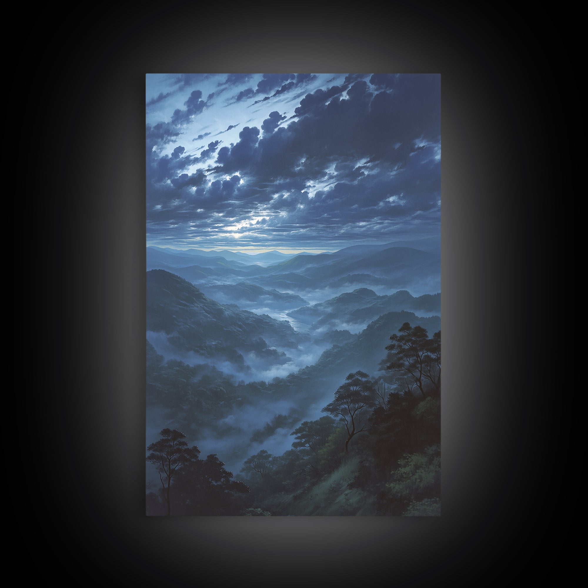 Misty Mountain Valley Framed Canvas Print, General Fine Art, Decor, Living Room Decor, Fine Art, Digital Wall Art, GEN-2x3-12