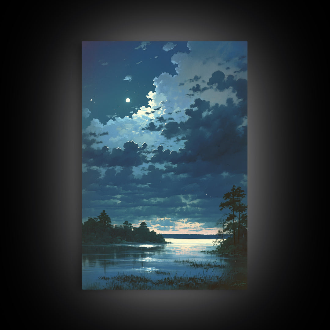 Dreamlike Moonlit Lake Framed Canvas Print, General Fine Art, Decor, Living Room Decor, Fine Art, Digital Wall Art, GEN-2x3-21
