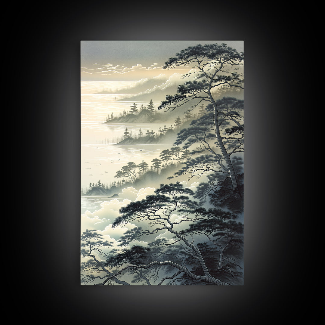 Elegant Ink Wash Landscape Framed Canvas Print, General Fine Art, Wall Hanging, Living Room Decor, Oil Painting, GEN-2x3-28