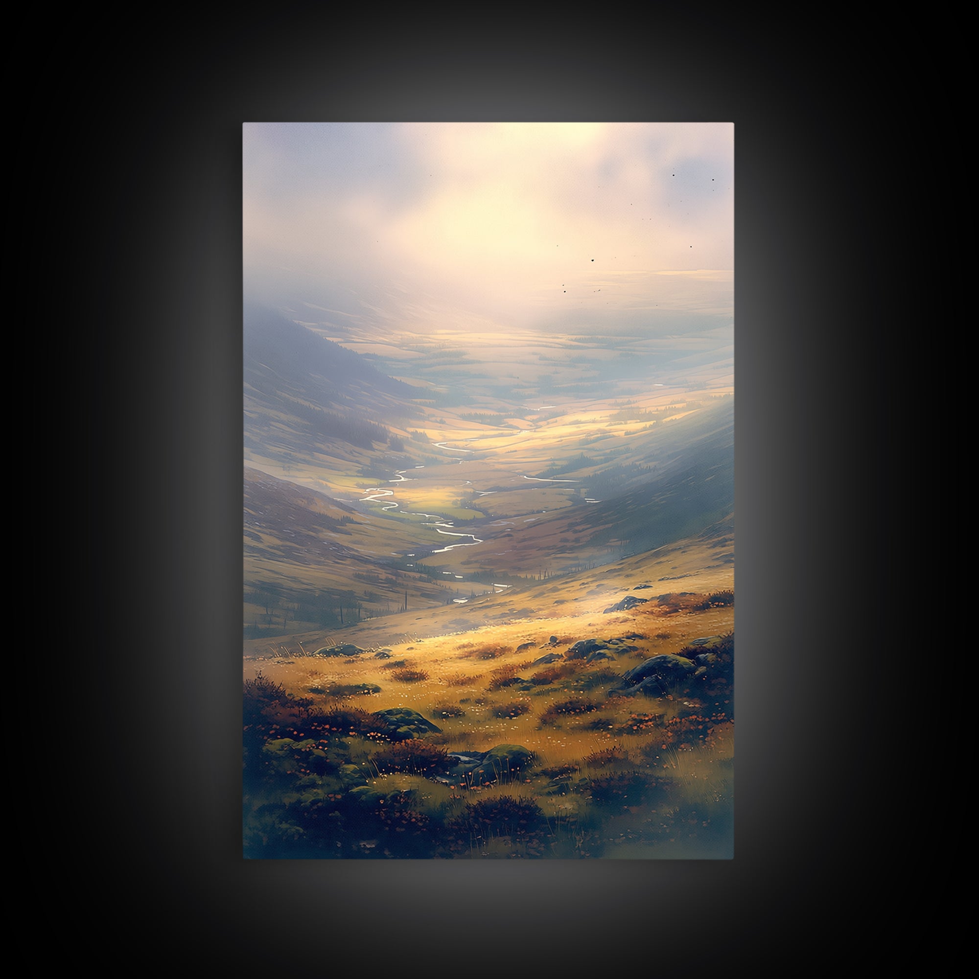 Misty Mountain Valley Framed Canvas Print, General Fine Art, Digital Print, Living Room Decor, Watercolor Art, GEN-2x3-36