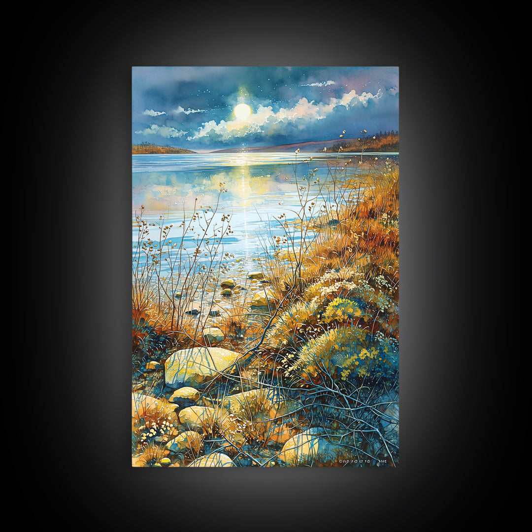 Dreamlike Moonlit Lake Canvas Print, General Fine Art, Printable, Living Room Decor, Oil Painting, Framed Wall Art, GEN-2x3-45