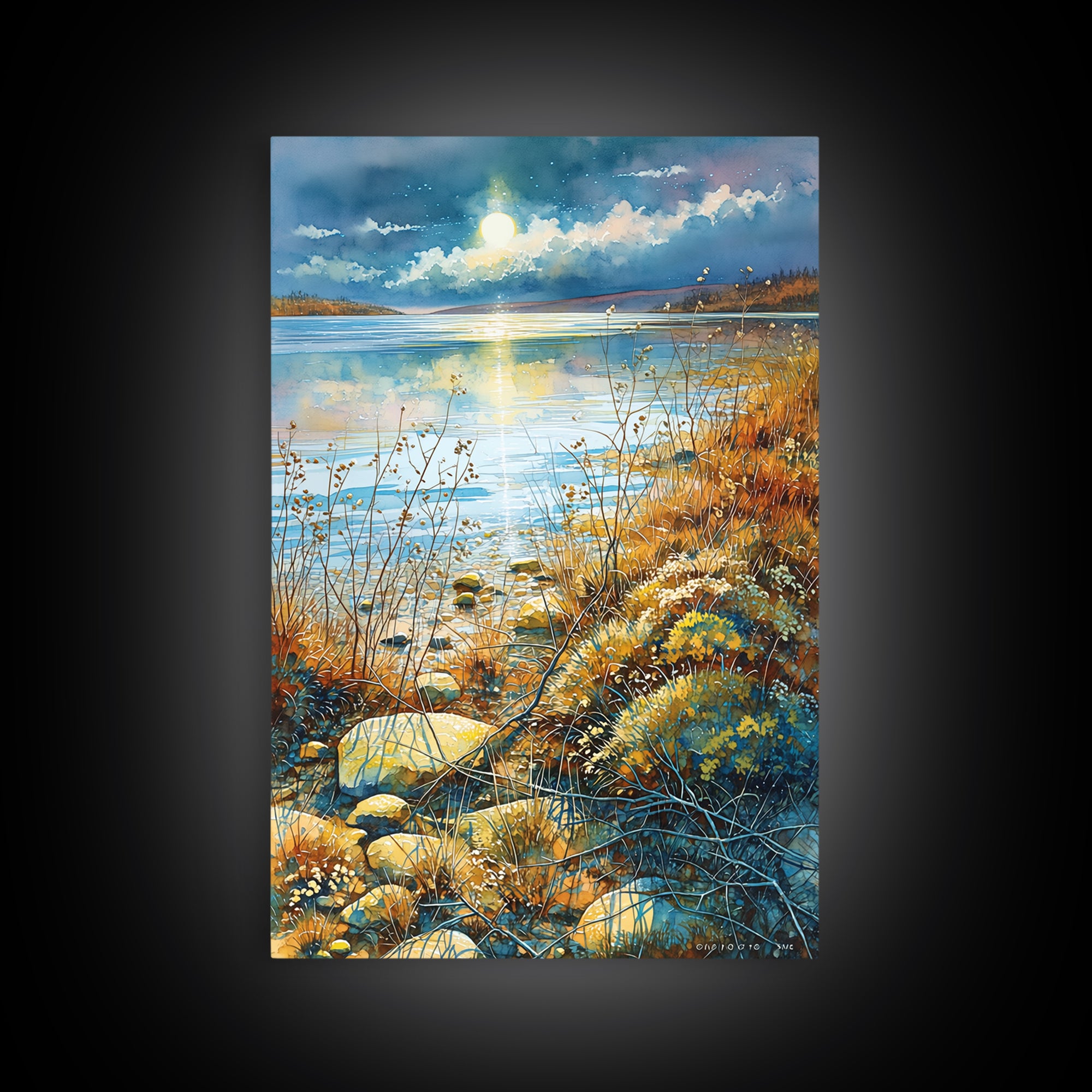 Dreamlike Moonlit Lake Canvas Print, General Fine Art, Printable, Living Room Decor, Oil Painting, Framed Wall Art, GEN-2x3-45