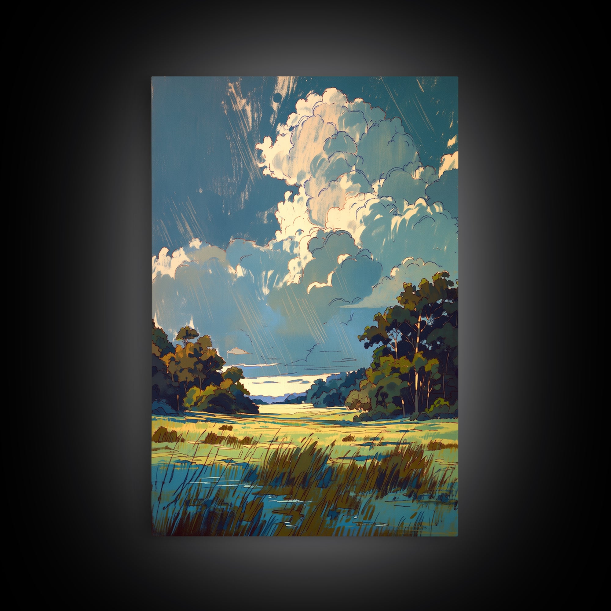 Sunlit Meadow with Loose Impressionist Brushwork Framed Canvas Print, General Fine Art, Poster, Living Room Decor, Fine Art, GEN-2x3-46