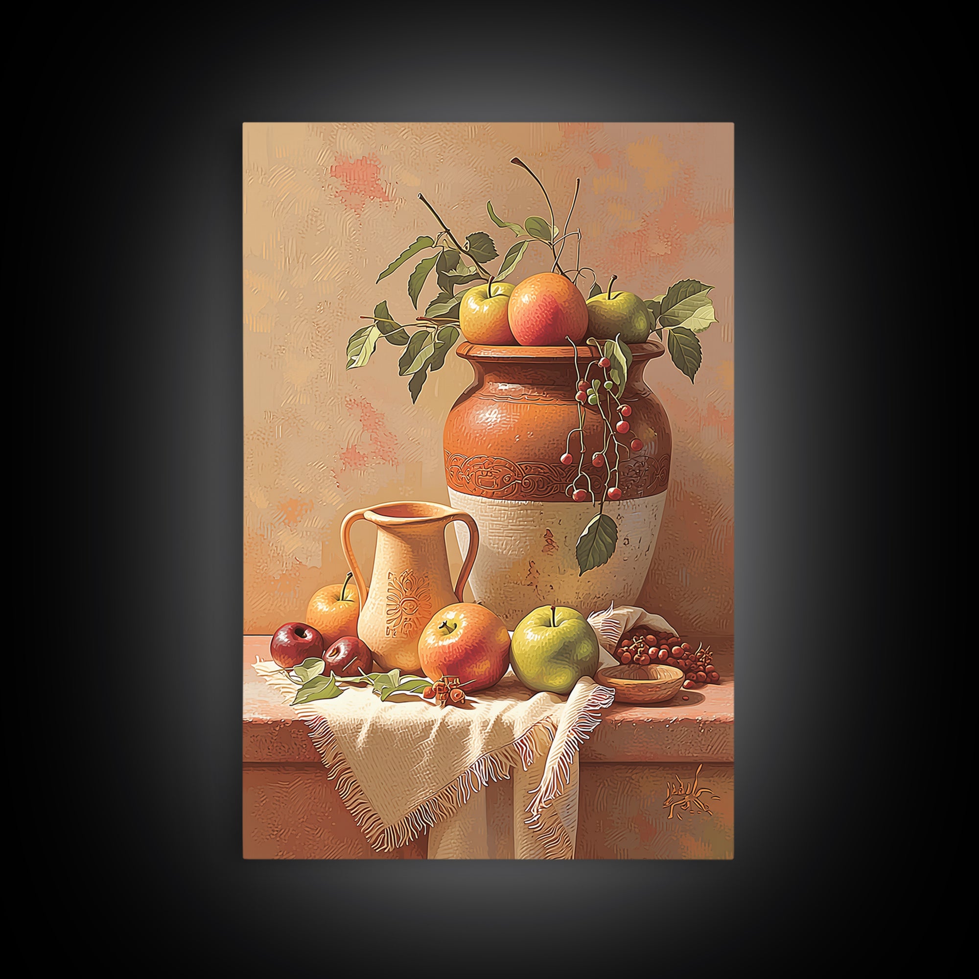 Simple Still Life of Fruit and Linen Framed Canvas Print, General Fine Art, Home Decor, Living Room Decor, Abstract Art, GEN-2x3-48