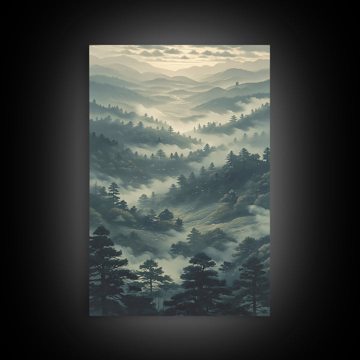 Misty Mountain Valley Framed Canvas Print, General Fine Art, Art Prints, Living Room Decor, Fine Art, Wall Hanging, GEN-2x3-60
