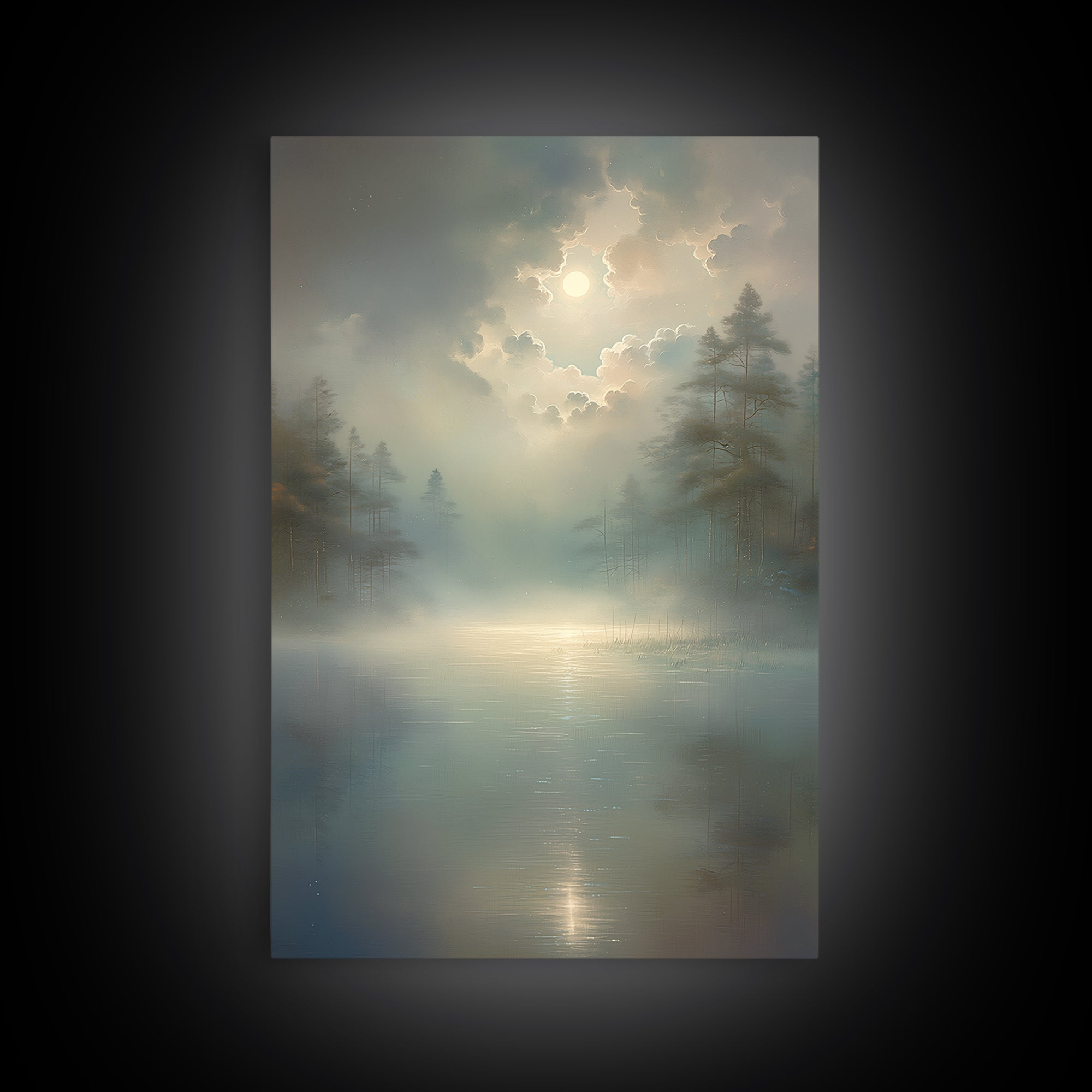 Dreamlike Moonlit Lake Framed Canvas Print, General Fine Art, Oil Painting, Living Room Decor, Fine Art, Gallery Decor, GEN-2x3-69