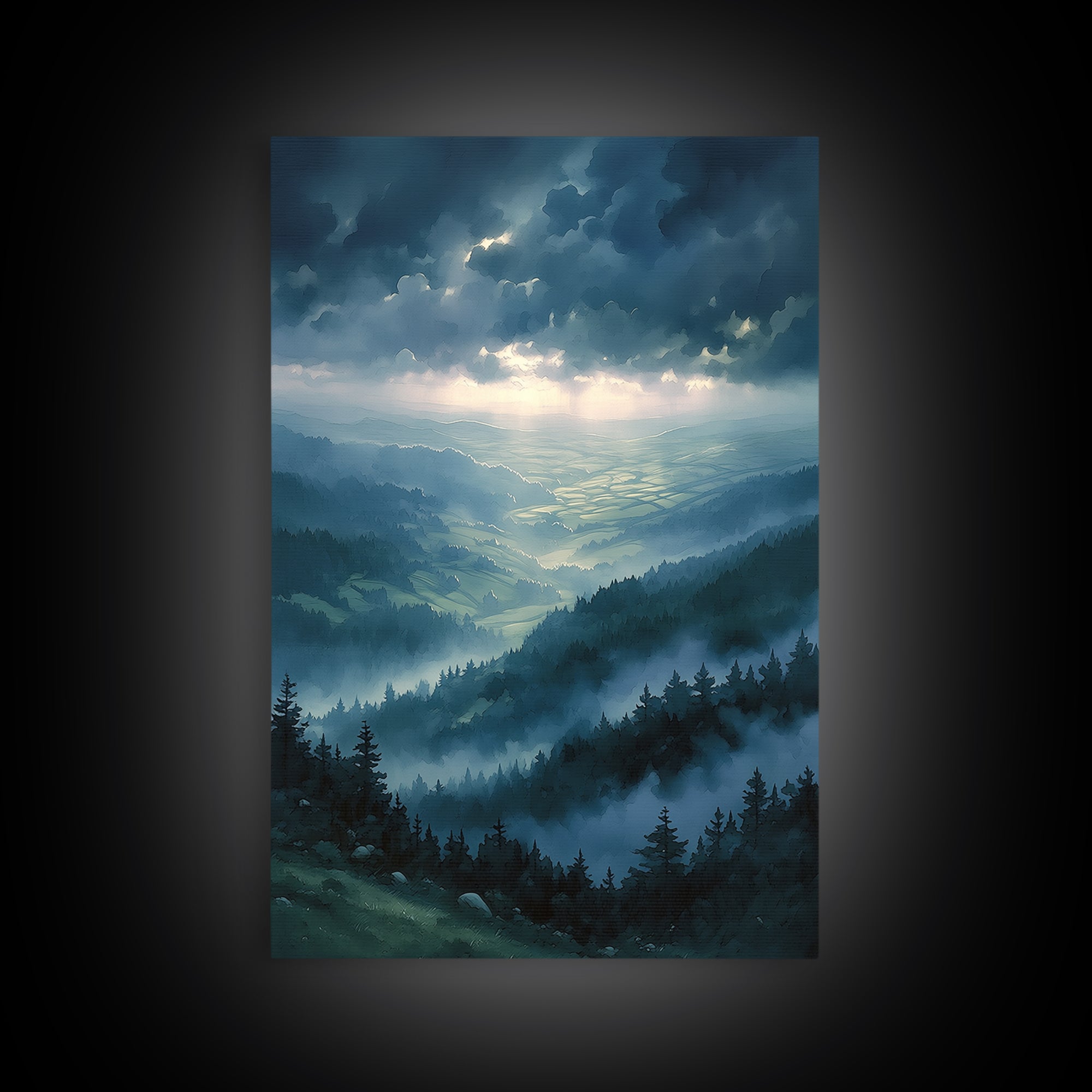 Misty Mountain Valley Framed Canvas Print, General Fine Art, Modern Decor, Living Room Decor, Fine Art, Poster, GEN-2x3-84
