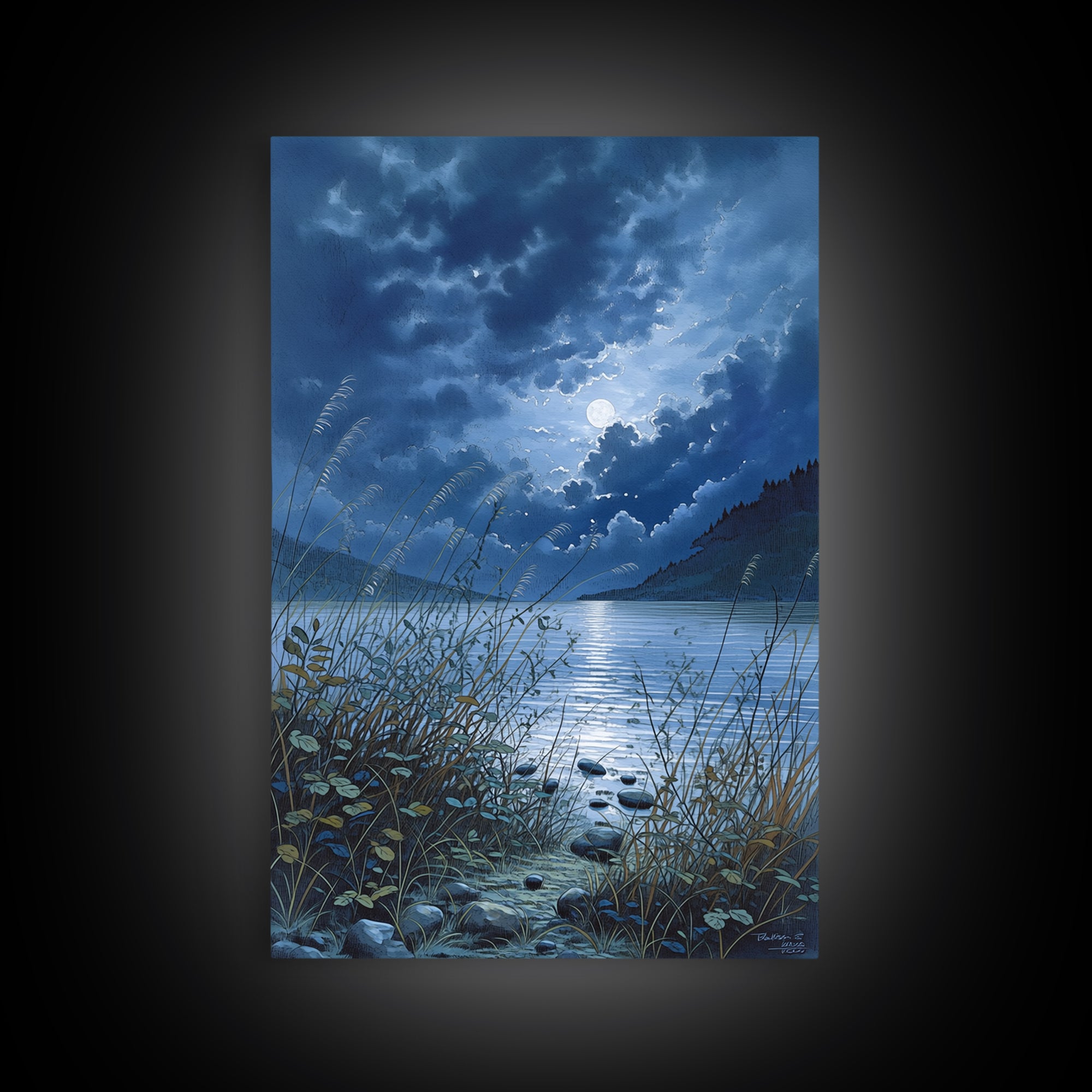 Dreamlike Moonlit Lake Framed Canvas Print, General Fine Art, Oil Painting, Living Room Decor, Fine Art, Gallery Decor, GEN-2x3-93