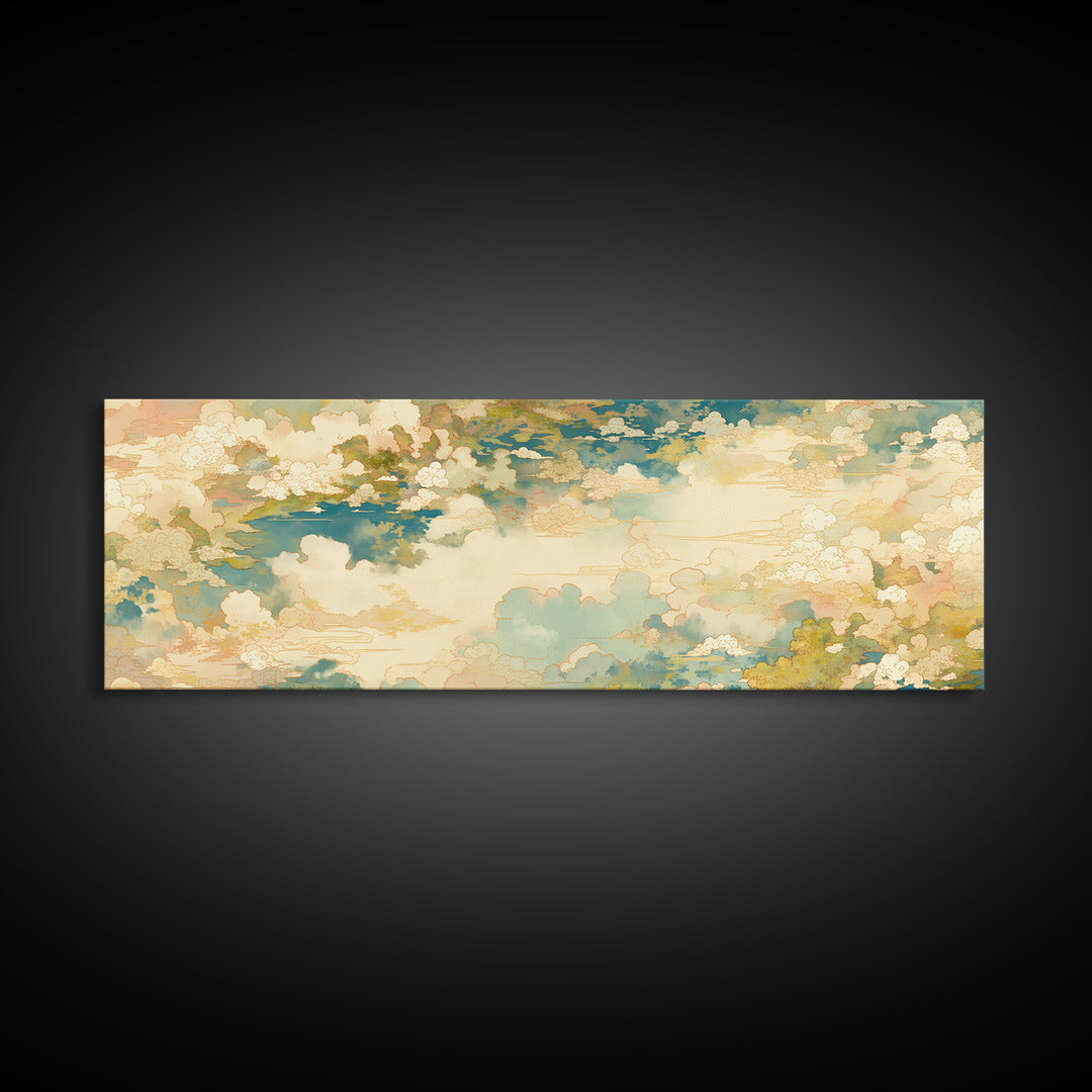 Romantic Cloudscape with Blush and Cream Tones Framed Canvas Print, General Fine Art, Painting, Living Room Decor, Fine Art, GEN-3x1-10
