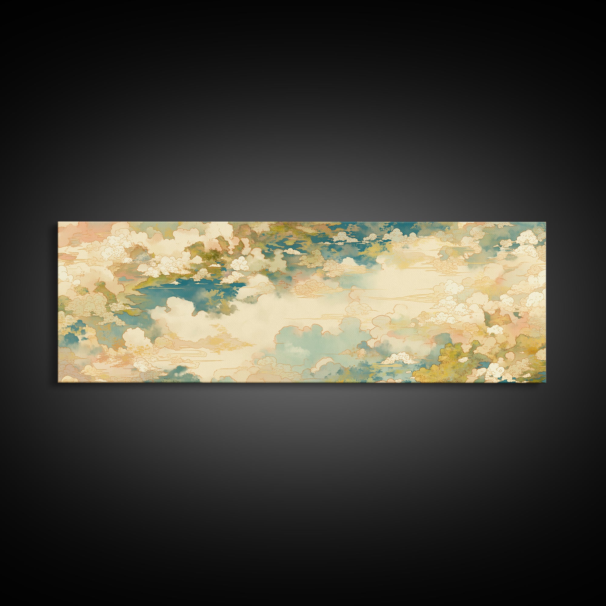 Romantic Cloudscape with Blush and Cream Tones Framed Canvas Print, General Fine Art, Painting, Living Room Decor, Fine Art, GEN-3x1-10