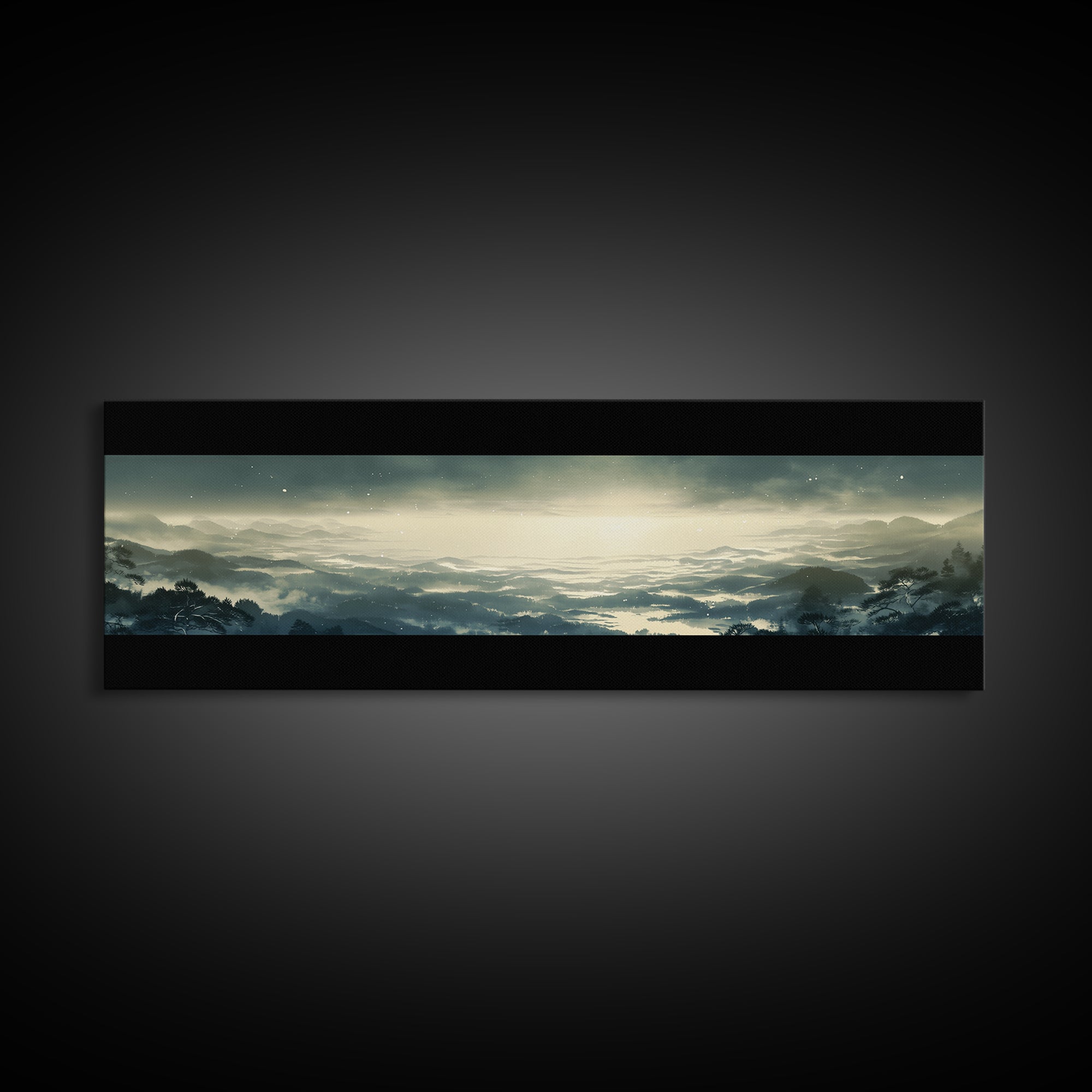 Elegant Ink Wash Landscape Framed Canvas Print, General Fine Art, Framed Wall Art, Living Room Decor, Watercolor Art, GEN-3x1-12