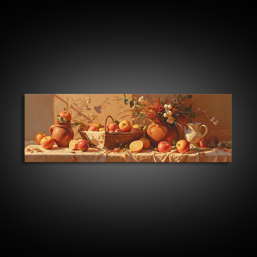 Simple Still Life of Fruit and Linen Framed Canvas Print, General Fine Art, Digital Print, Living Room Decor, Abstract Art, GEN-3x1-32