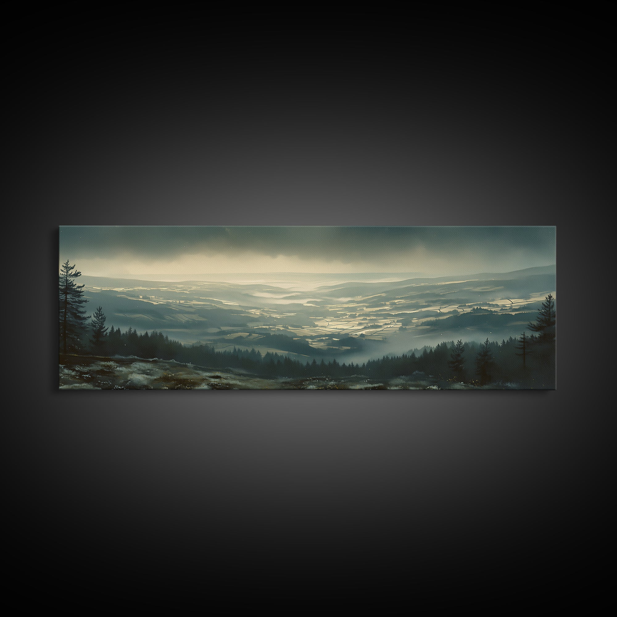 Misty Mountain Valley Framed Canvas Print, General Fine Art, Modern Decor, Living Room Decor, Fine Art, Poster, GEN-3x1-44