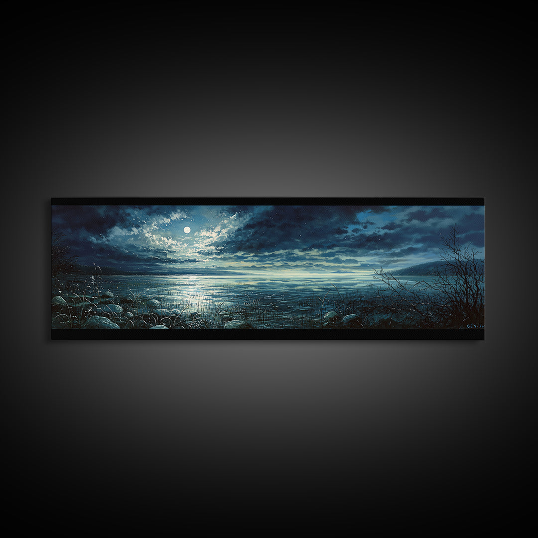 Dreamlike Moonlit Lake Framed Canvas Print, General Fine Art, Wall Art Prints, Living Room Decor, Watercolor Art, GEN-3x1-5