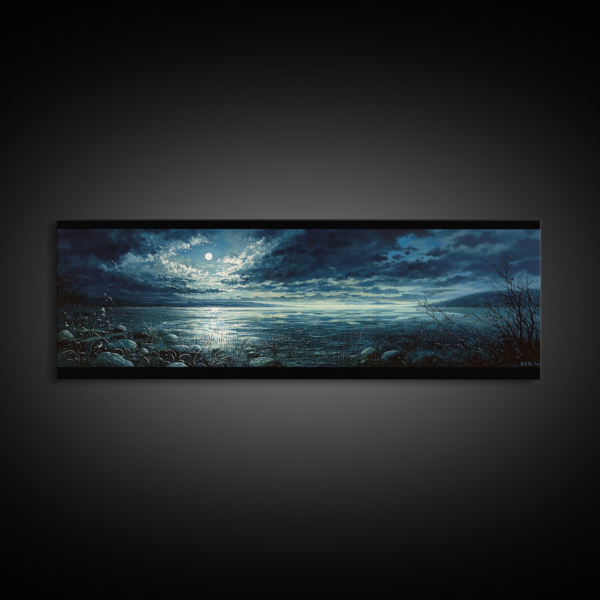 Dreamlike Moonlit Lake Framed Canvas Print, General Fine Art, Wall Art Prints, Living Room Decor, Watercolor Art, GEN-3x1-5