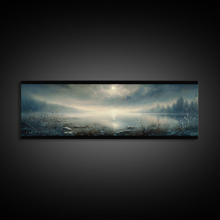 Dreamlike Moonlit Lake Framed Canvas Print, General Fine Art, Abstract Art, Living Room Decor, Oil Painting, GEN-3x1-53
