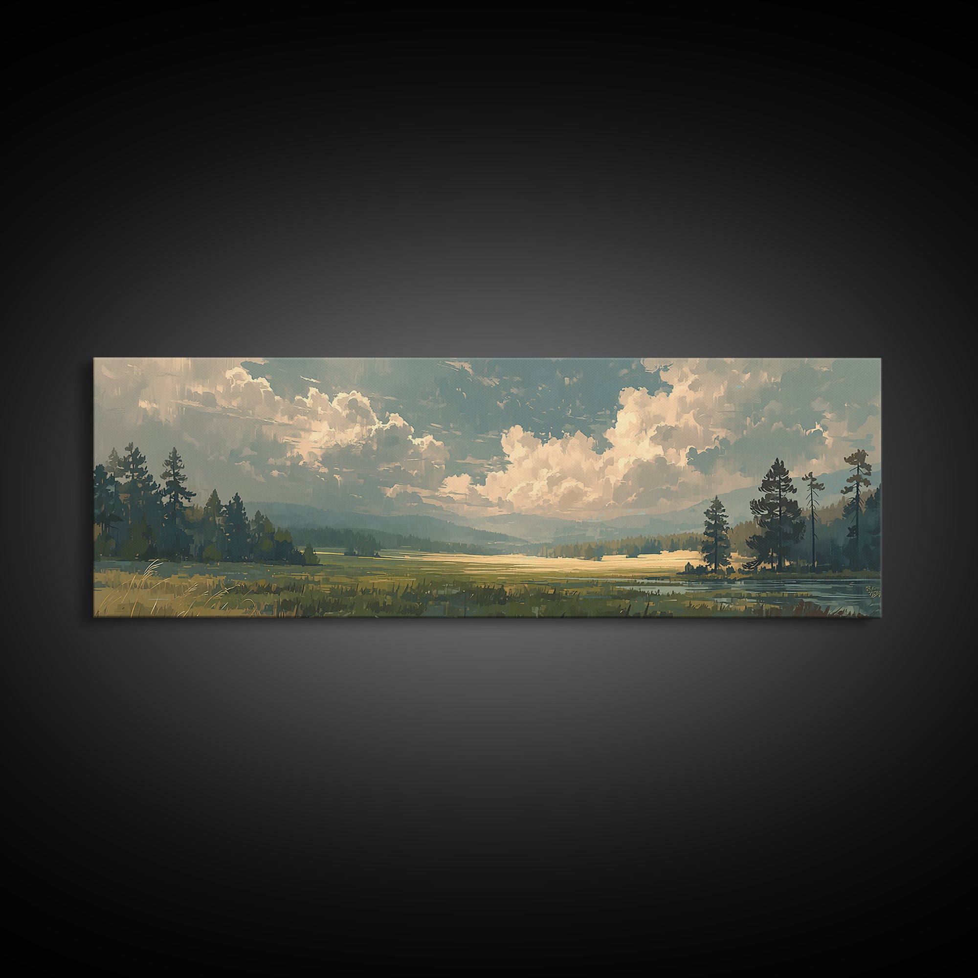Sunlit Meadow with Loose Impressionist Brushwork Canvas Print, General Fine Art, Framed Wall Art, Living Room Decor, GEN-3x1-6