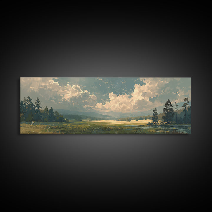 Sunlit Meadow with Loose Impressionist Brushwork Canvas Print, General Fine Art, Framed Wall Art, Living Room Decor, GEN-3x1-6