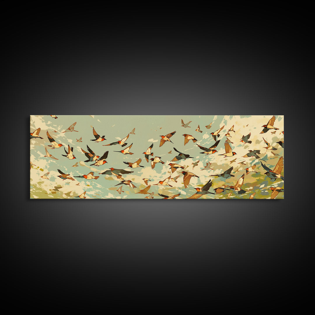 Minimal Birds in Flight over an Open Canvas Print, General Fine Art, Boho Decor, Living Room Decor, Oil Painting, GEN-3x1-62