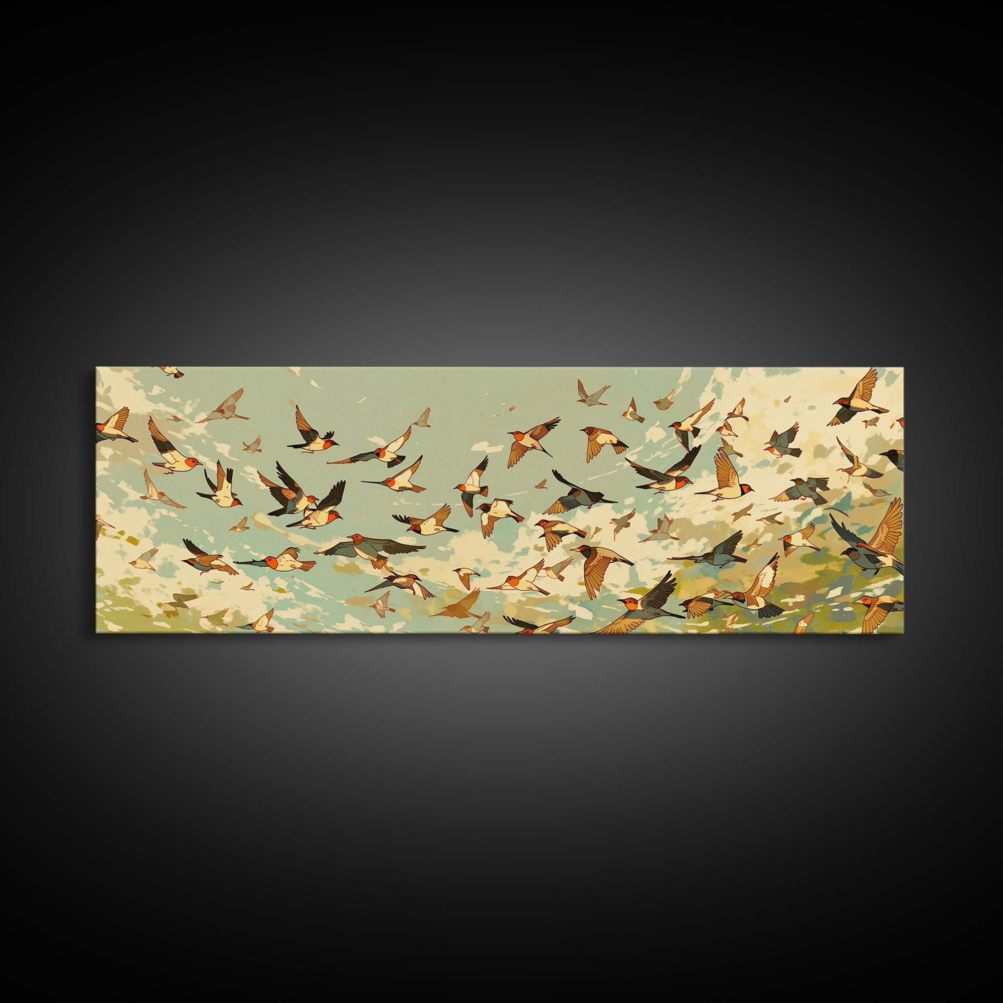 Minimal Birds in Flight over an Open Canvas Print, General Fine Art, Boho Decor, Living Room Decor, Oil Painting, GEN-3x1-62