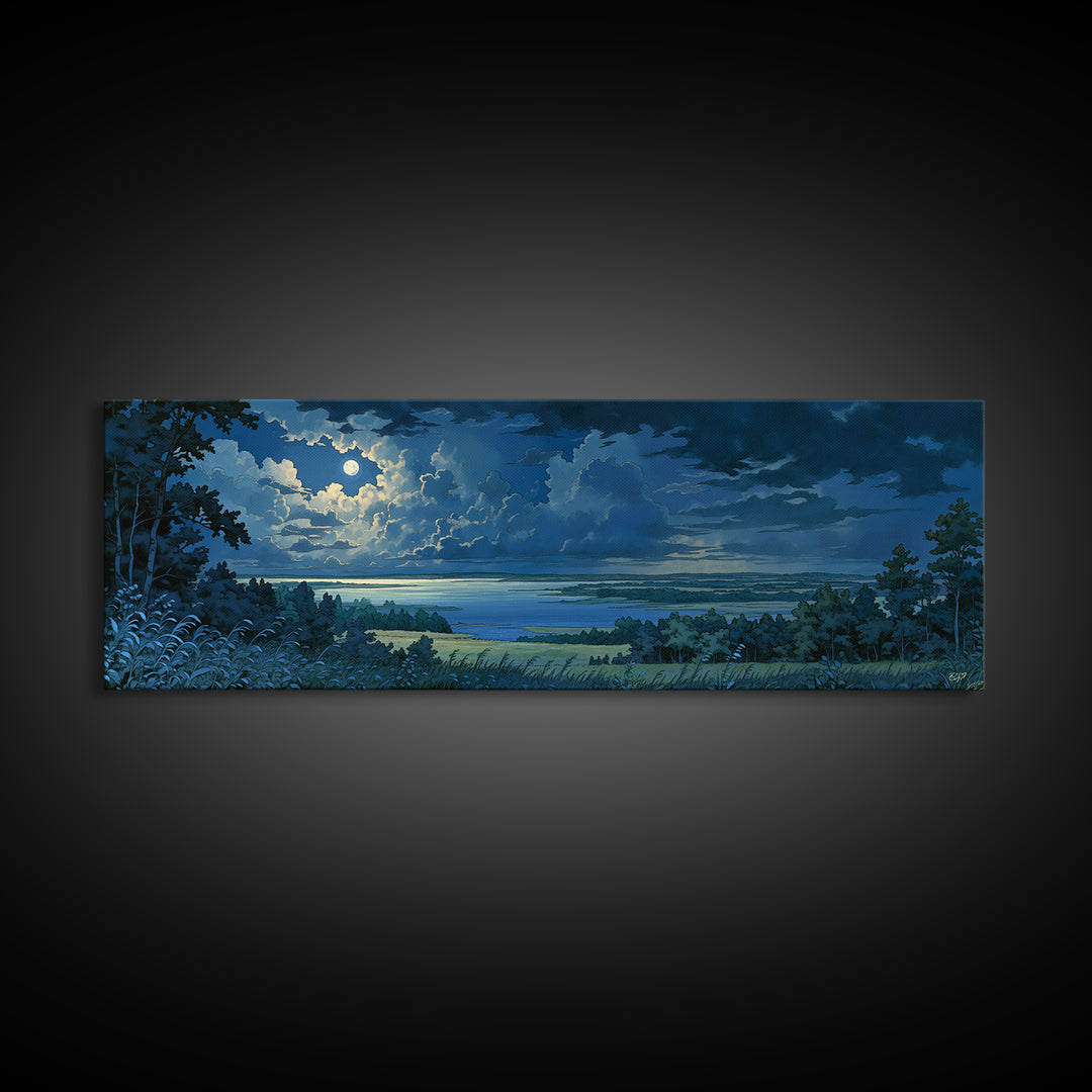 Dreamlike Moonlit Lake Framed Canvas Print, General Fine Art, Abstract Art, Living Room Decor, Oil Painting, GEN-3x1-77