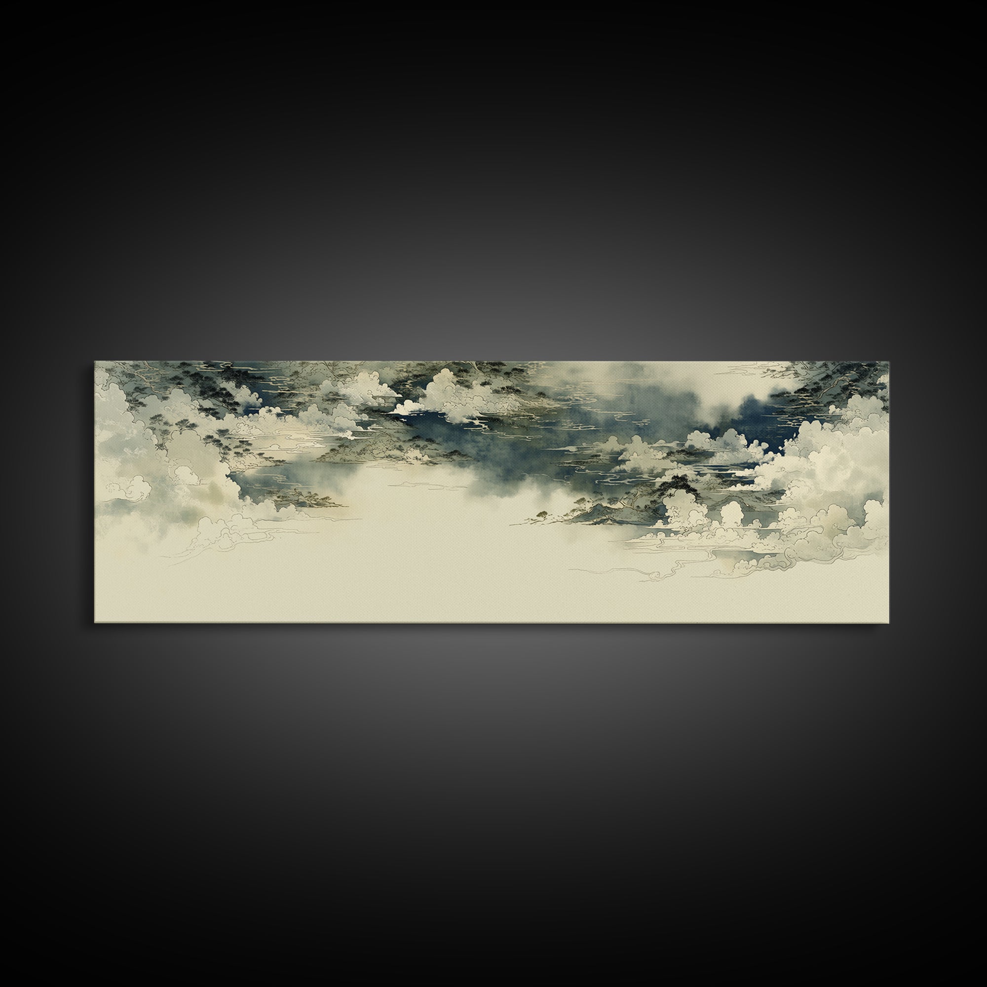 Elegant Ink Wash Landscape Framed Canvas Print, General Fine Art, Wall Decor, Living Room Decor, Fine Art, Original Painting, GEN-3x1-84