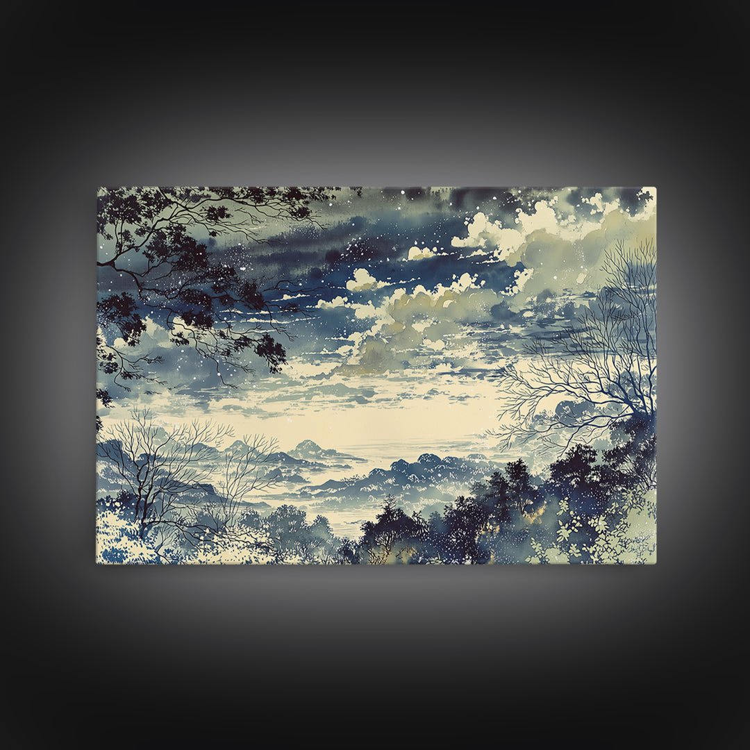 Elegant Ink Wash Landscape Framed Canvas Print, General Fine Art, Framed Wall Art, Living Room Decor, Watercolor Art, GEN-3x2-24