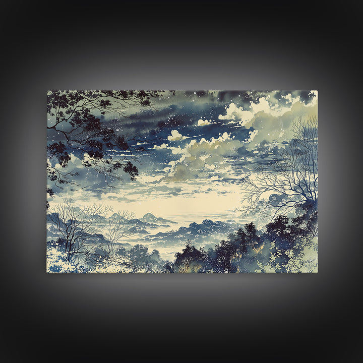 Elegant Ink Wash Landscape Framed Canvas Print, General Fine Art, Framed Wall Art, Living Room Decor, Watercolor Art, GEN-3x2-24