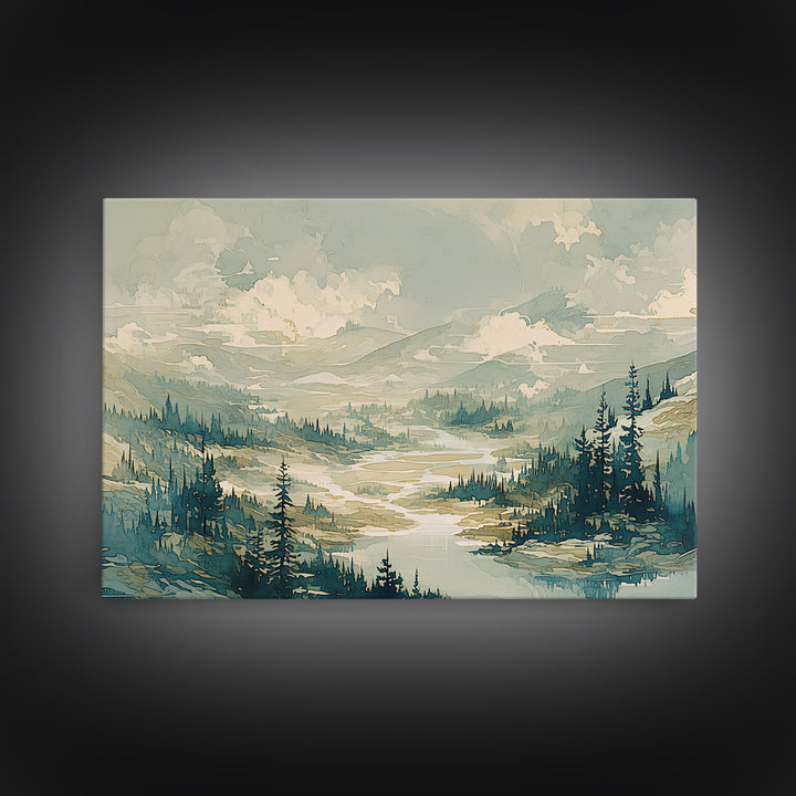 Quiet Abstract River Shape Framed Canvas Print, General Fine Art, Large Wall Art, Living Room Decor, Abstract Art, GEN-3x2-28