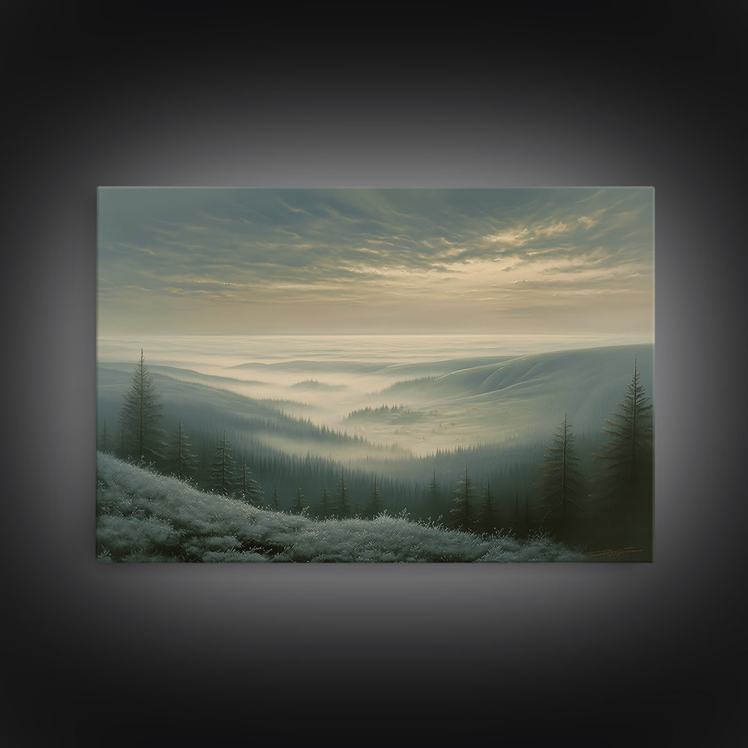 Misty Mountain Valley Canvas Print, General Fine Art, Abstract Art, Living Room Decor, Oil Painting, Textured Painting, GEN-3x2-32