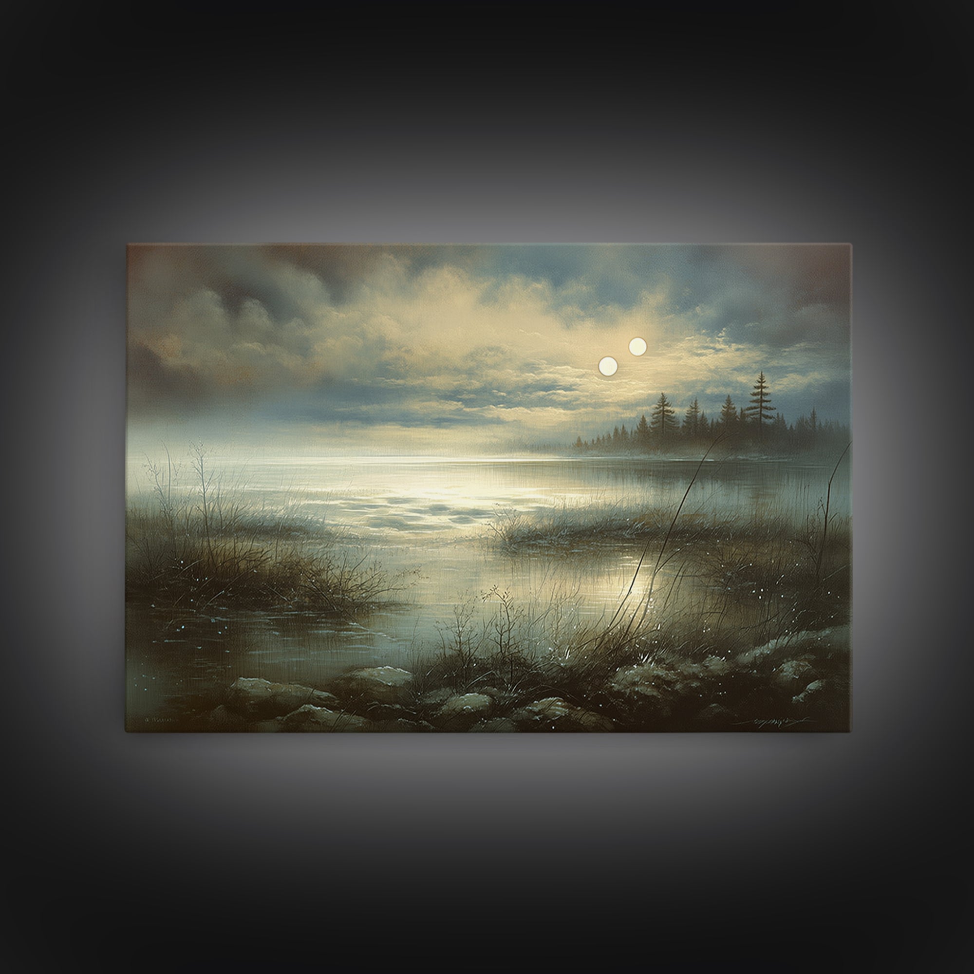 Dreamlike Moonlit Lake Framed Canvas Print, General Fine Art, Digital Print, Living Room Decor, Watercolor Art, GEN-3x2-41