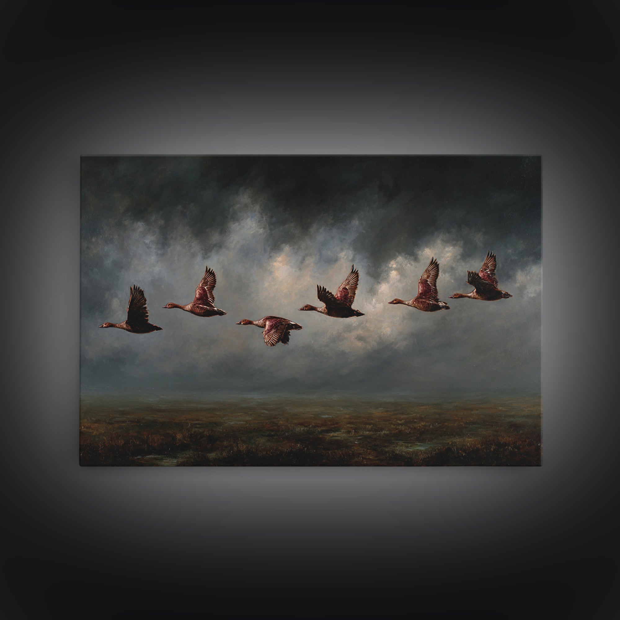Minimal Birds in Flight over an Open Framed Canvas Print, General Fine Art, Art Deco, Living Room Decor, Oil Painting, GEN-3x2-50