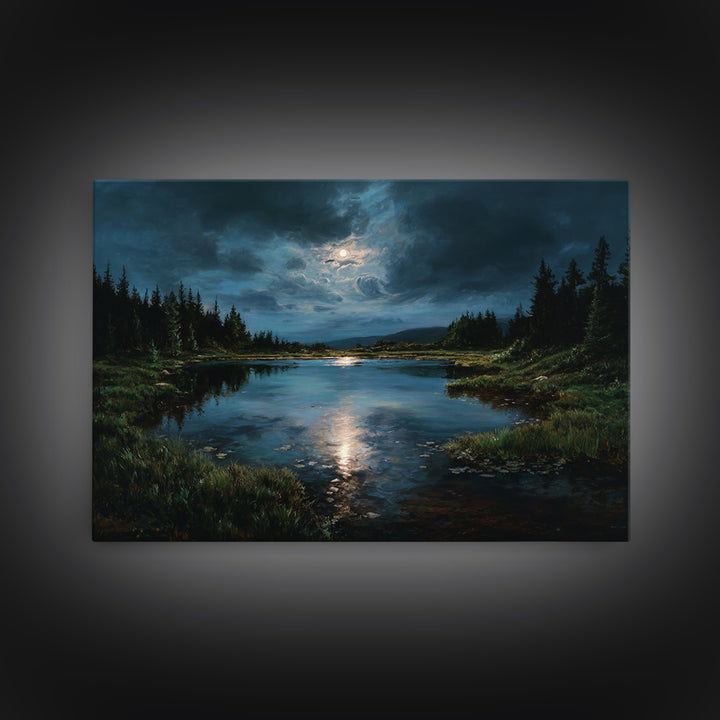 Dreamlike Moonlit Lake Framed Canvas Print, General Fine Art, Digital Print, Living Room Decor, Watercolor Art, GEN-3x2-65