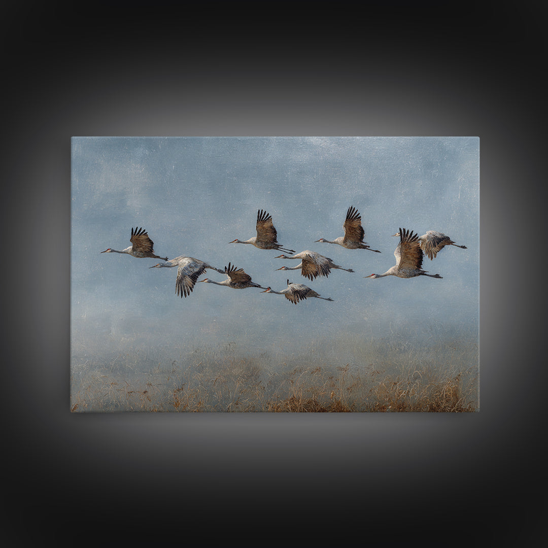 Minimal Birds in Flight over an Open Framed Canvas Print, General Fine Art, Art Deco, Living Room Decor, Oil Painting, GEN-3x2-74