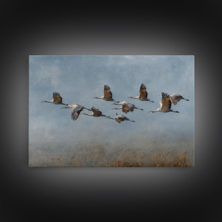 Minimal Birds in Flight over an Open Framed Canvas Print, General Fine Art, Art Deco, Living Room Decor, Oil Painting, GEN-3x2-74
