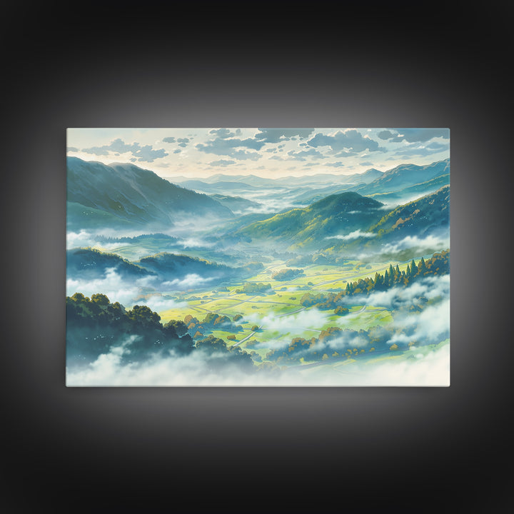 Misty Mountain Valley Framed Canvas Print, General Fine Art, Art Deco, Living Room Decor, Fine Art, Fine Art Print, GEN-3x2-8