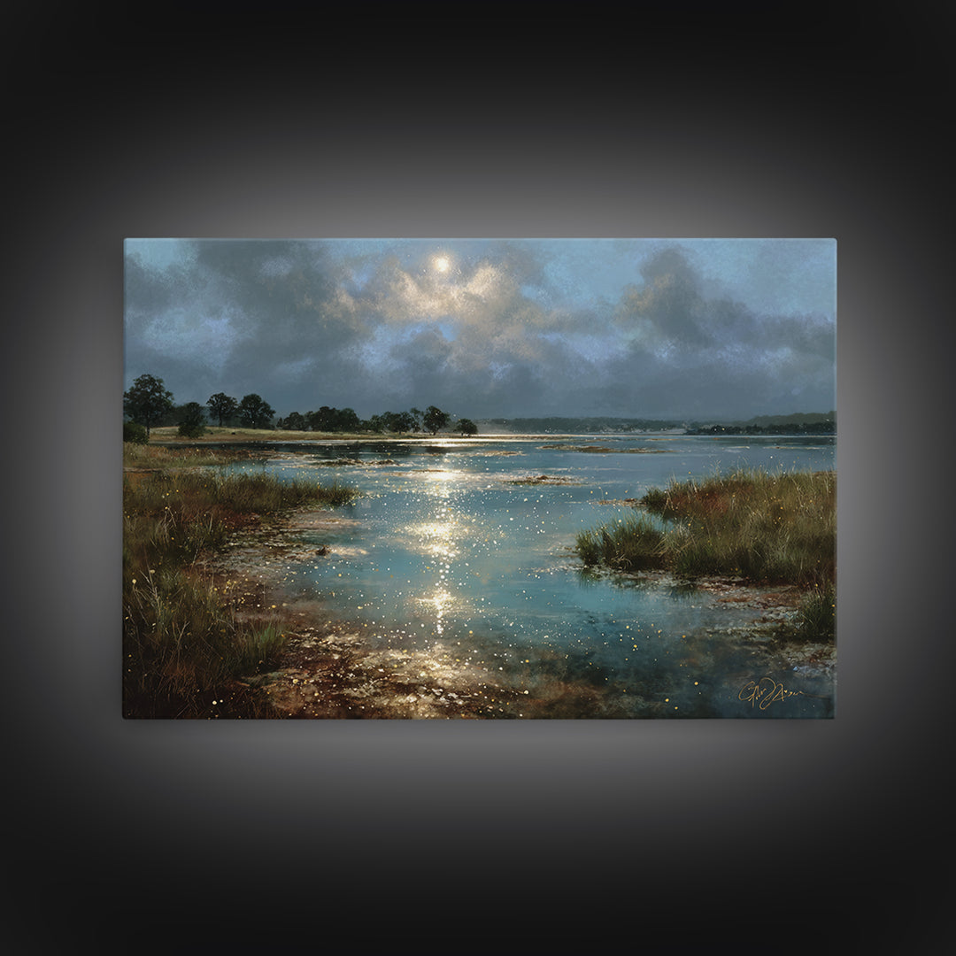 Dreamlike Moonlit Lake Canvas Print, General Fine Art, Boho Decor, Living Room Decor, Fine Art, Wall Decor, Painting, GEN-3x2-89