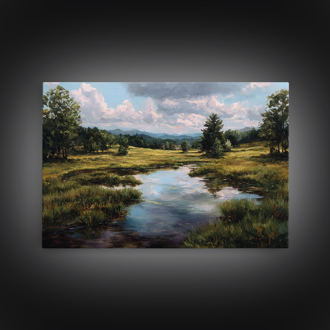 Sunlit Meadow with Loose Impressionist Brushwork Canvas Print, General Fine Art, Framed Wall Art, Living Room Decor, GEN-3x2-90