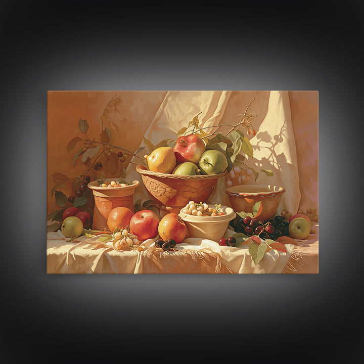 Simple Still Life of Fruit and Linen Framed Canvas Print, General Fine Art, Art, Living Room Decor, Abstract Art, GEN-3x2-92