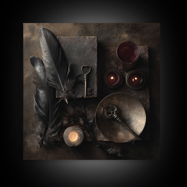 Crow Feathers and Antique Key Still Life Framed Canvas Print, Gothic Art, Halloween Decor, Living Room Decor, Fine Art, Gothic, GOT-1x1-12