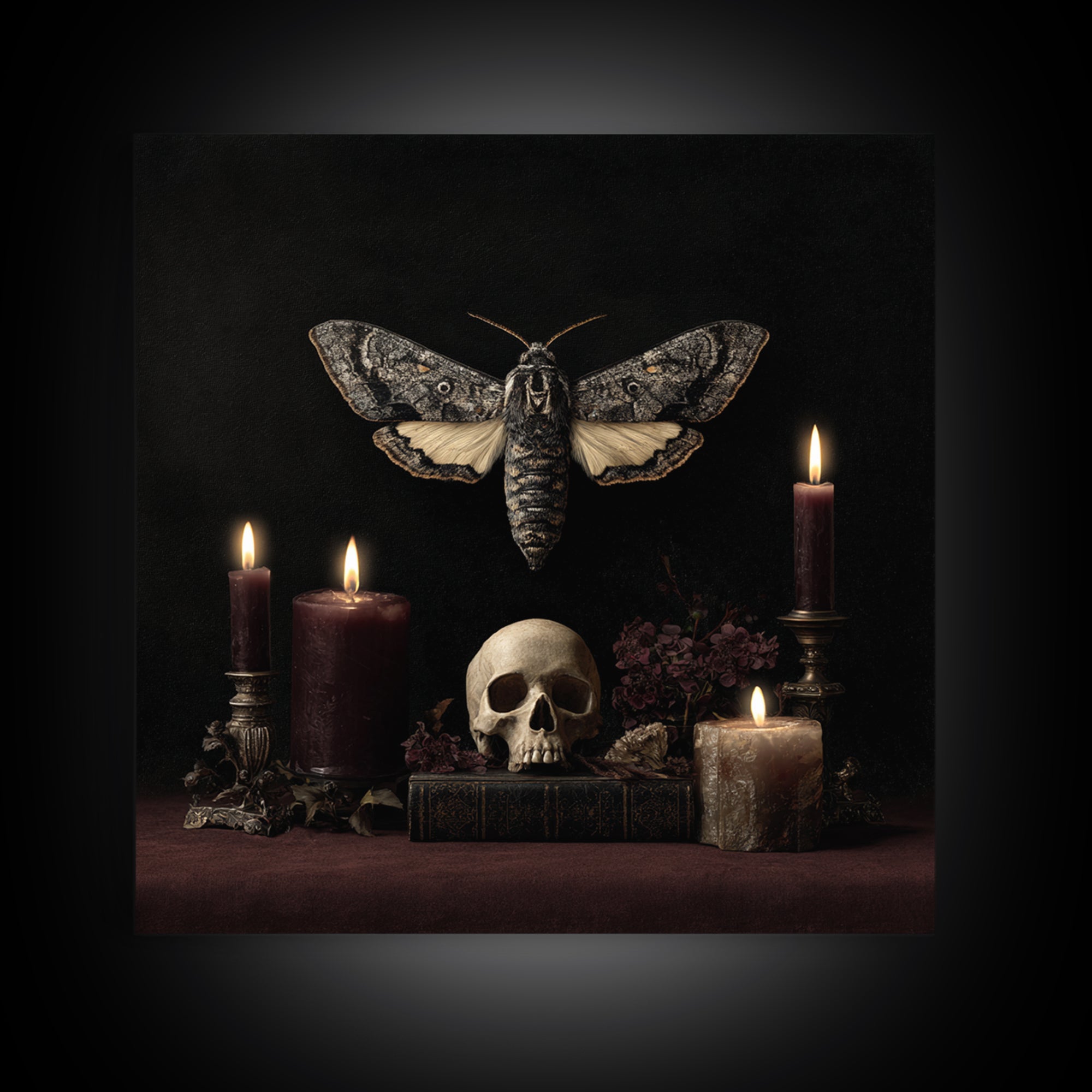 Moth and Skull Composition on Black Velvet Canvas Print, Gothic Art, Canvas Tote Bag, Living Room Decor, Oil Painting, Gothic, GOT-1x1-15