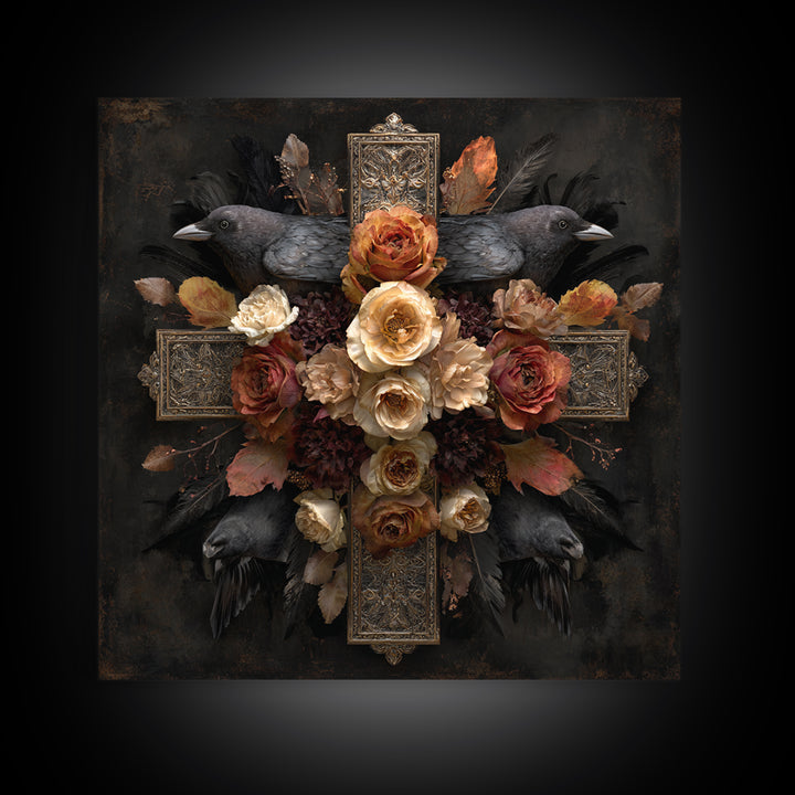 Ornate Cross and Roses Dramatic Still Life Canvas Print, Gothic Art, Art Print, Living Room Decor, Gothic, Whimsigoth Decor, GOT-1x1-20