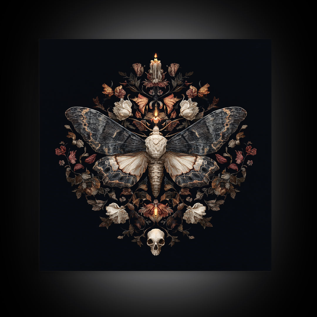 Moth and Skull Composition on Black Velvet Framed Canvas Print, Gothic Art, Gothic Wall Art, Living Room Decor, Gothic, GOT-1x1-39
