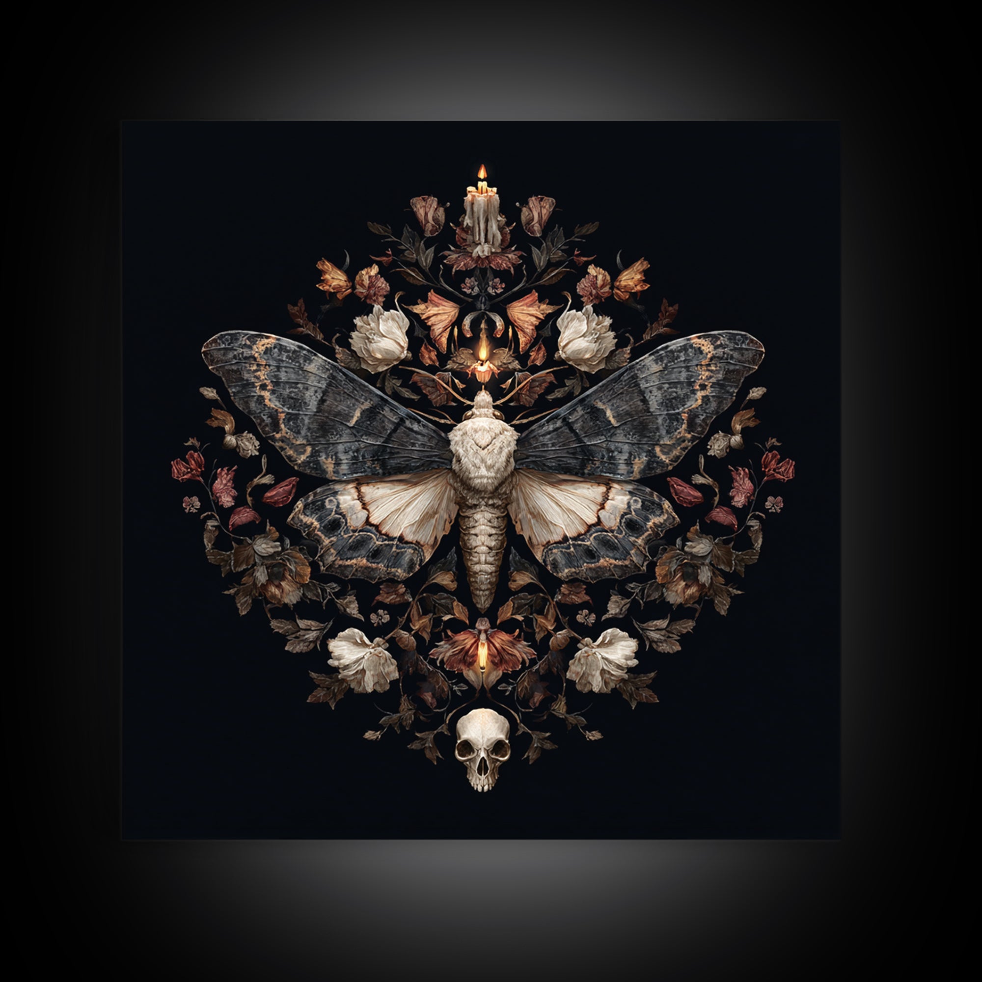 Moth and Skull Composition on Black Velvet Framed Canvas Print, Gothic Art, Gothic Wall Art, Living Room Decor, Gothic, GOT-1x1-39